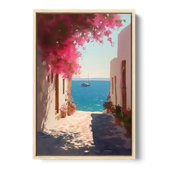 Bougainvillea Painting of a Seaside Lane - Oak Framed Canvas Wall Art - Front