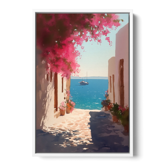 Bougainvillea Painting of a Seaside Lane - White Framed Canvas Wall Art - Front