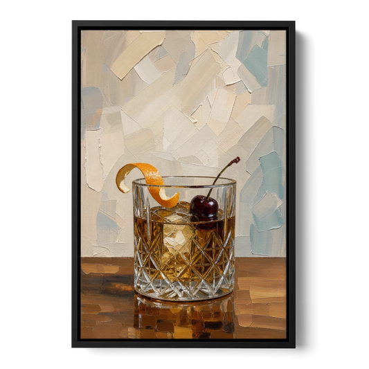 Bourbon Old Fashioned in Cut Crystal - Black Framed Canvas Wall Art - Front