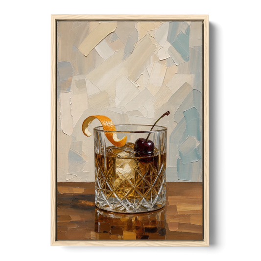 Bourbon Old Fashioned in Cut Crystal - Oak Framed Canvas Wall Art - Front