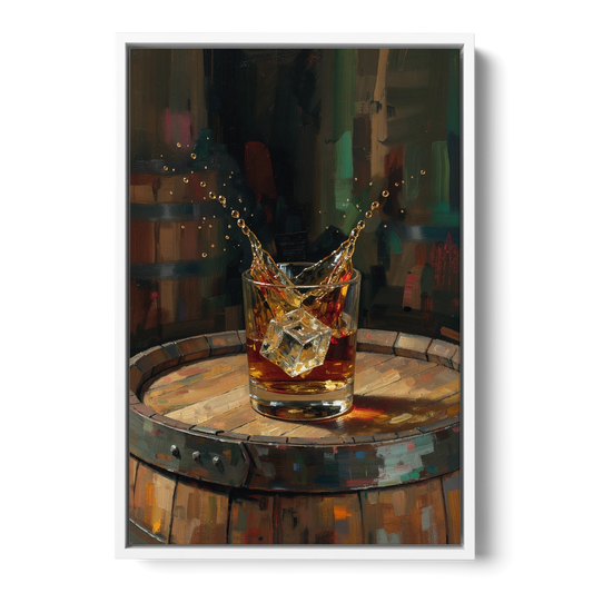 Bourbon Painting with an Ice Cube Splash - White Framed Canvas Wall Art - Front