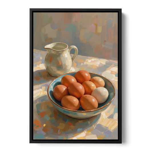 Bowl of Brown Eggs and Milk Jug for Breakfast Nooks - Black Framed Canvas Wall Art - Front