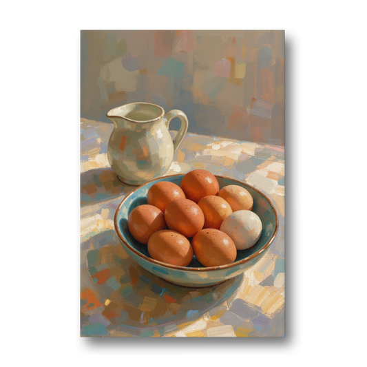Bowl of Brown Eggs and Milk Jug for Breakfast Nooks - Canvas Wall Art - Front