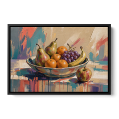 Bowl of Fruit Painting with Runaway Apple - Black Framed Canvas Wall Art - Front