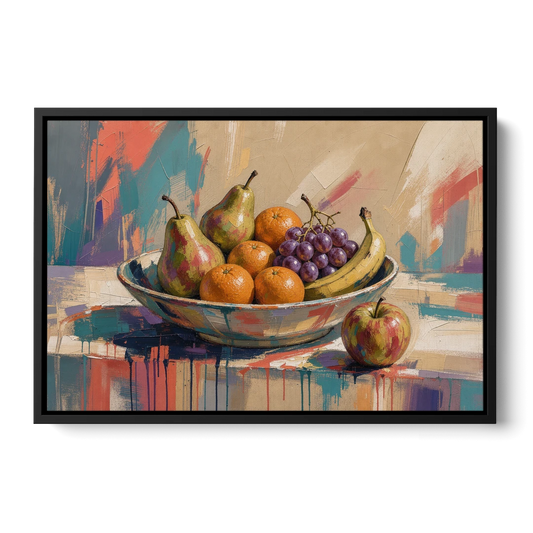 Bowl of Fruit Painting with Runaway Apple - Black Framed Canvas Wall Art - Front