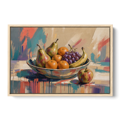 Bowl of Fruit Painting with Runaway Apple - Oak Framed Canvas Wall Art - Front