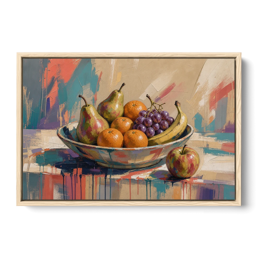 Bowl of Fruit Painting with Runaway Apple - Oak Framed Canvas Wall Art - Front