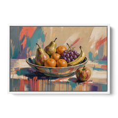 Bowl of Fruit Painting with Runaway Apple - White Framed Canvas Wall Art - Front