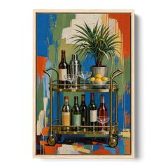 Brass Bar Cart with Lemons for the Home Bar - Oak Framed Canvas Wall Art - Front