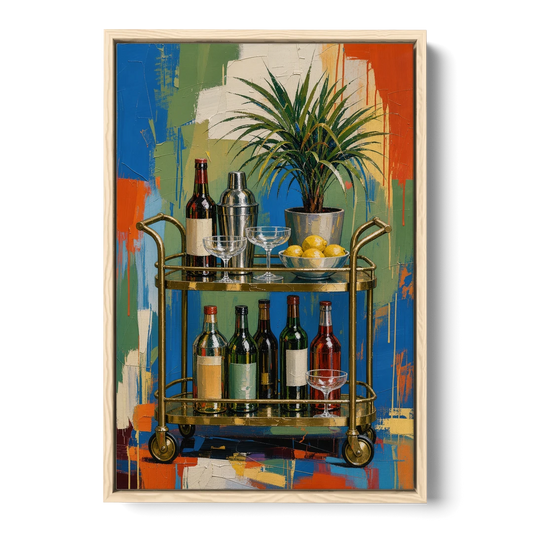Brass Bar Cart with Lemons for the Home Bar - Oak Framed Canvas Wall Art - Front