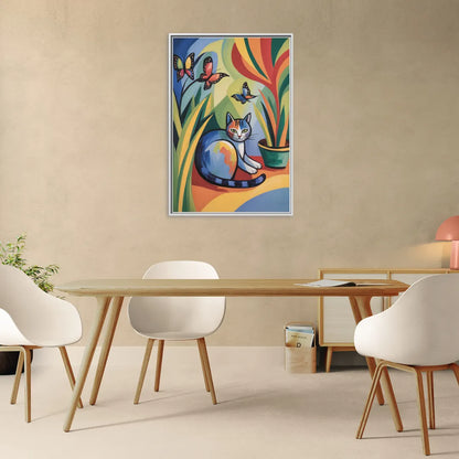 Breezy Cat Garden - Living Room White Frame Canvas