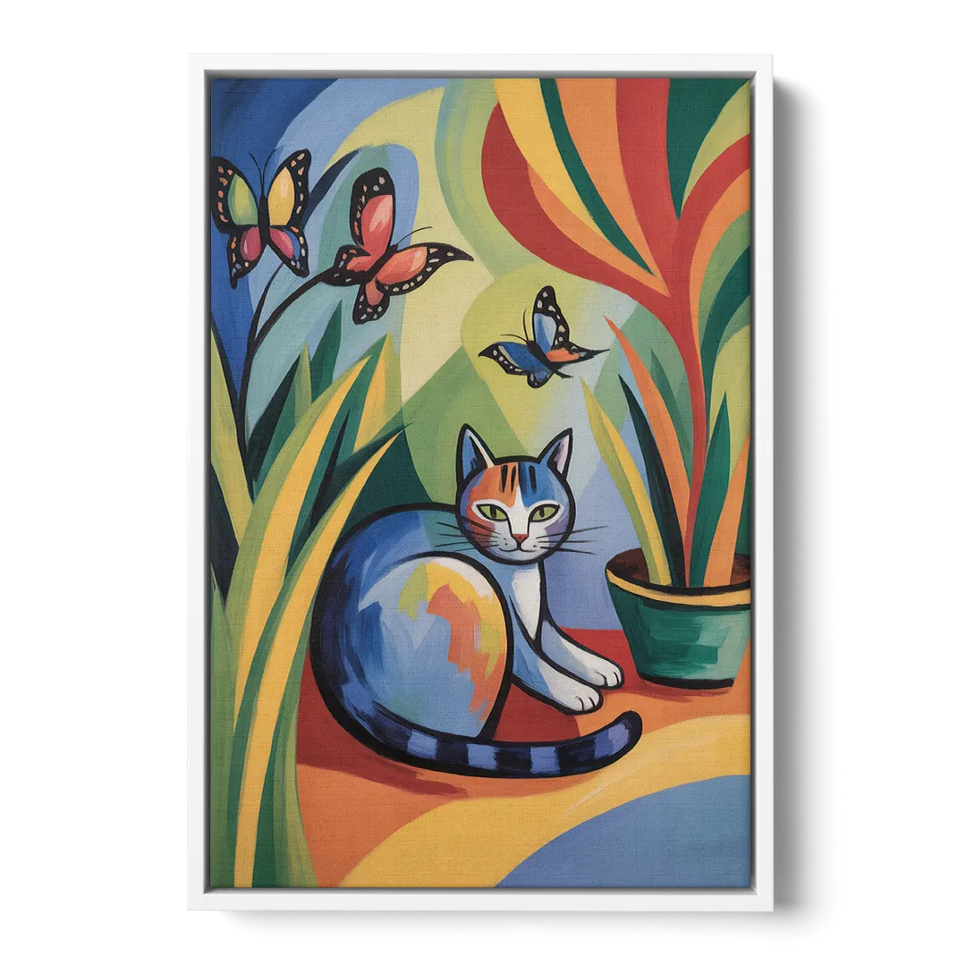 Breezy Cat Garden - White Frame Canvas