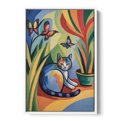 Breezy Cat Garden - White Frame Canvas