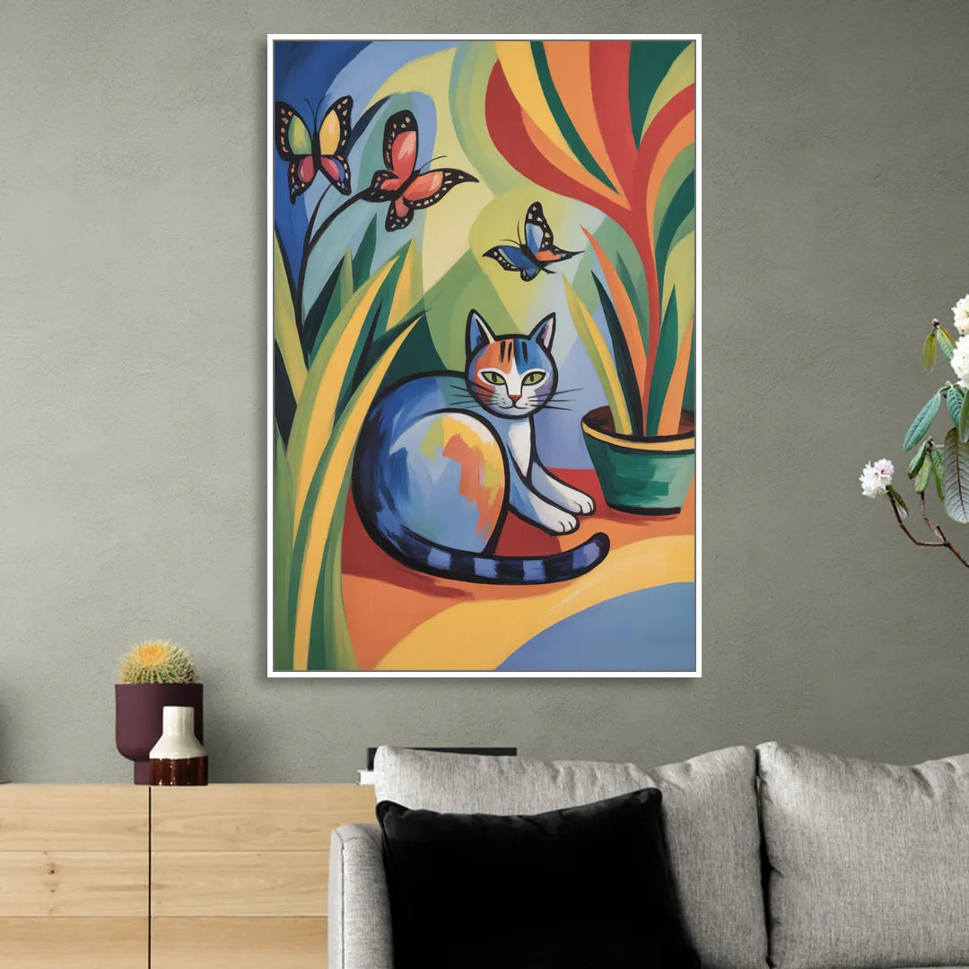 Breezy Cat Garden Living Room - White Canvas Wall Art