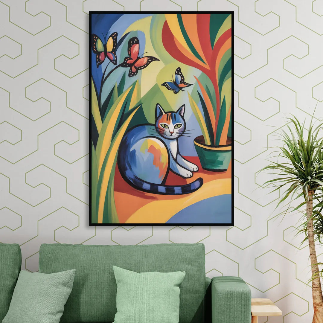 Breezy Cat Garden Living Room - Black Canvas Wall Art