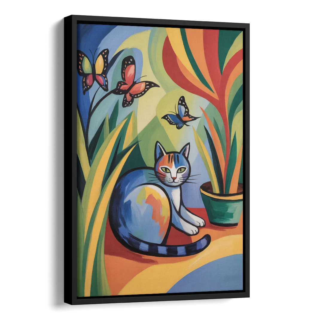 Breezy Cat Garden Side - Black Canvas Wall Art