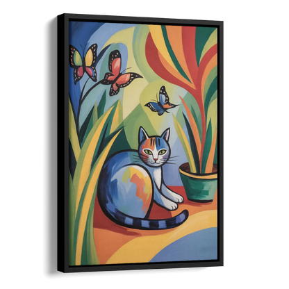 Breezy Cat Garden Side - Black Canvas Wall Art