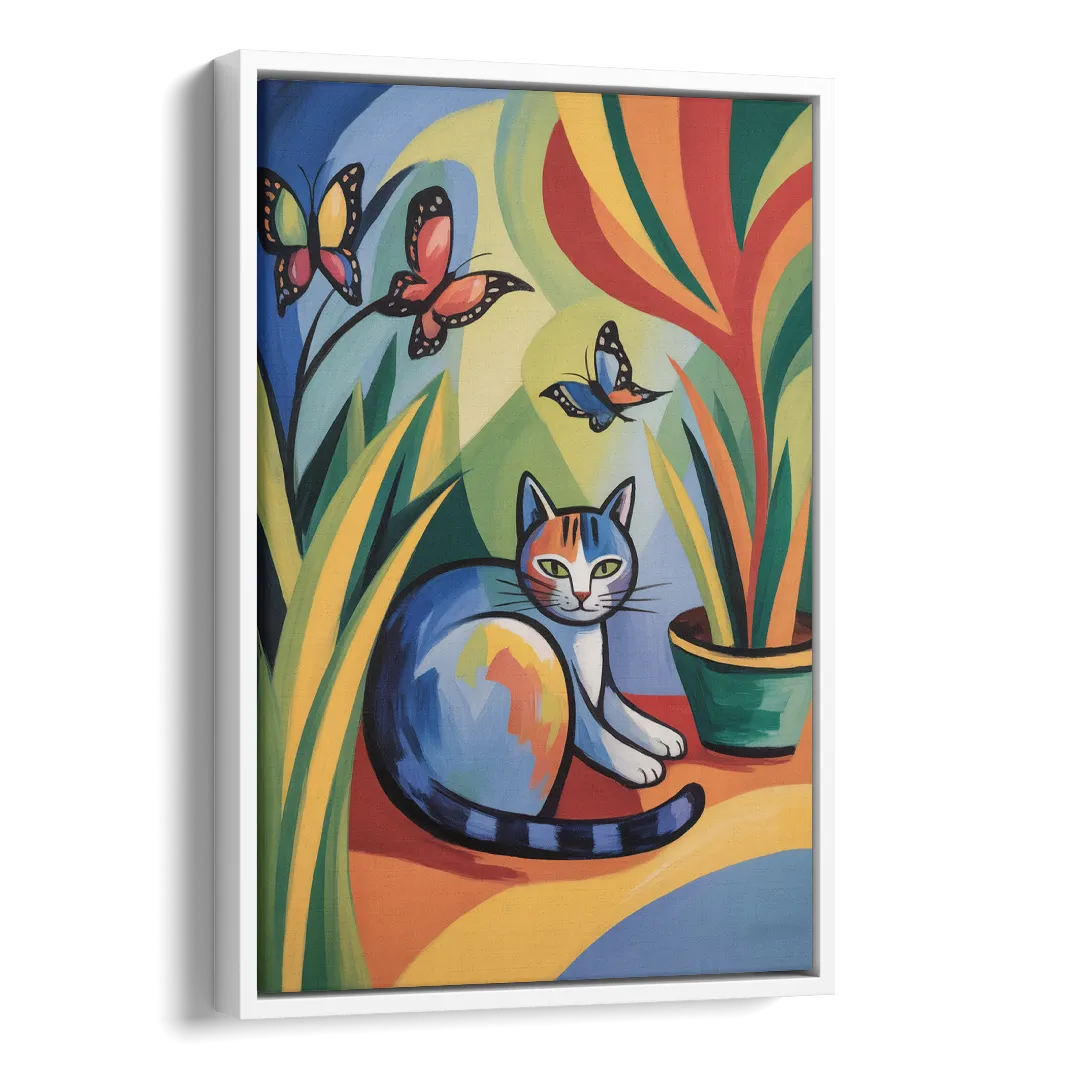 Breezy Cat Garden Side - White Canvas Wall Art