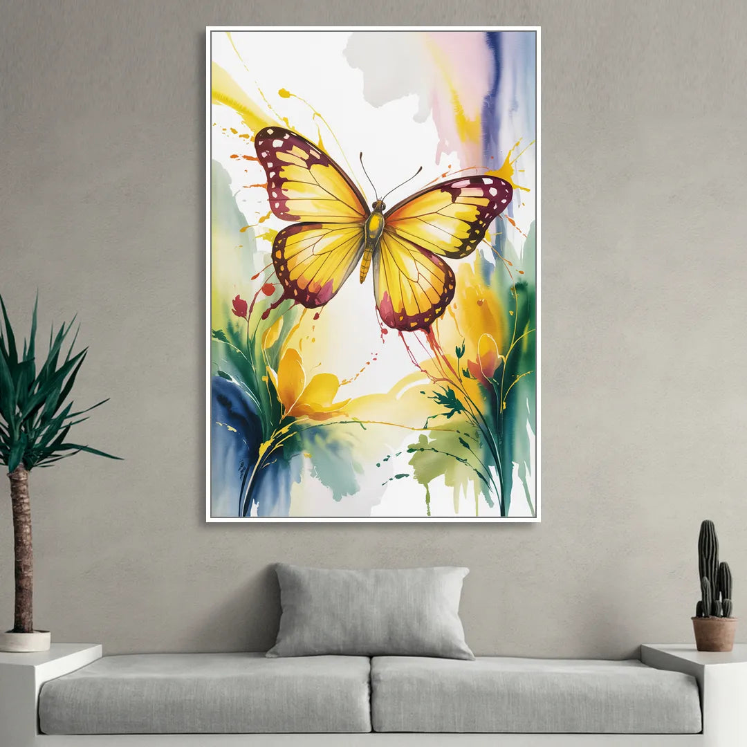 Bright Yellow Butterfly Sitting Room - White Canvas Wall Art