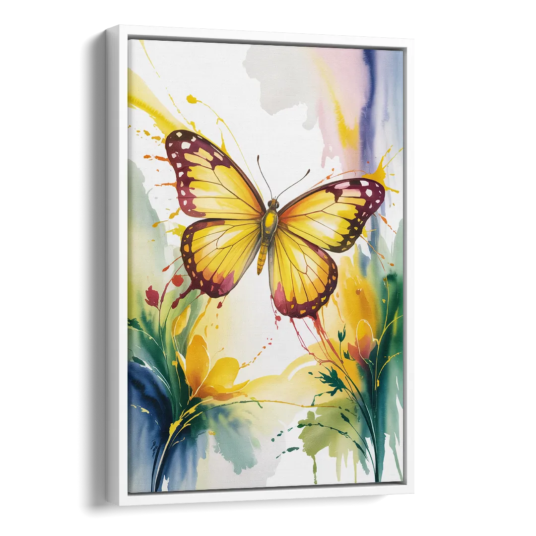 Bright Yellow Butterfly Side - White Canvas Wall Art