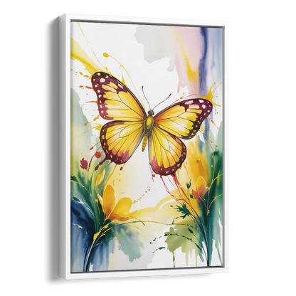 Bright Yellow Butterfly Side - White Canvas Wall Art
