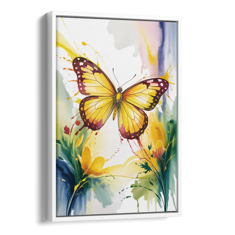 Bright Yellow Butterfly Side - White Canvas Wall Art