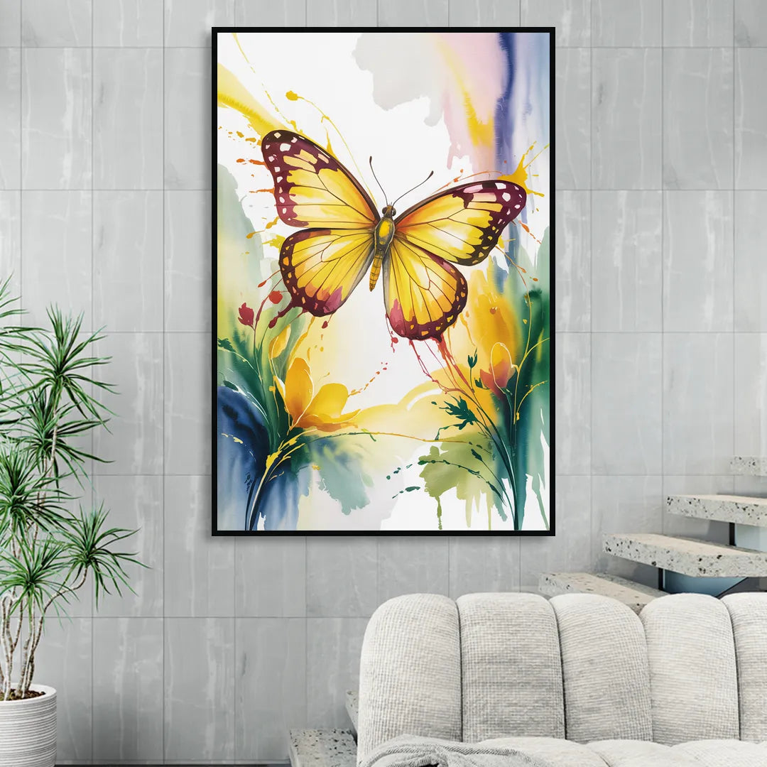 Bright Yellow Butterfly Living Room - Black Canvas Wall Art