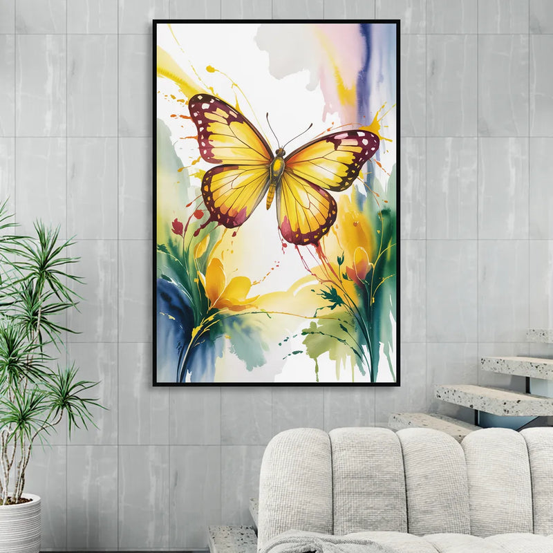 Bright Yellow Butterfly Living Room - Black Canvas Wall Art