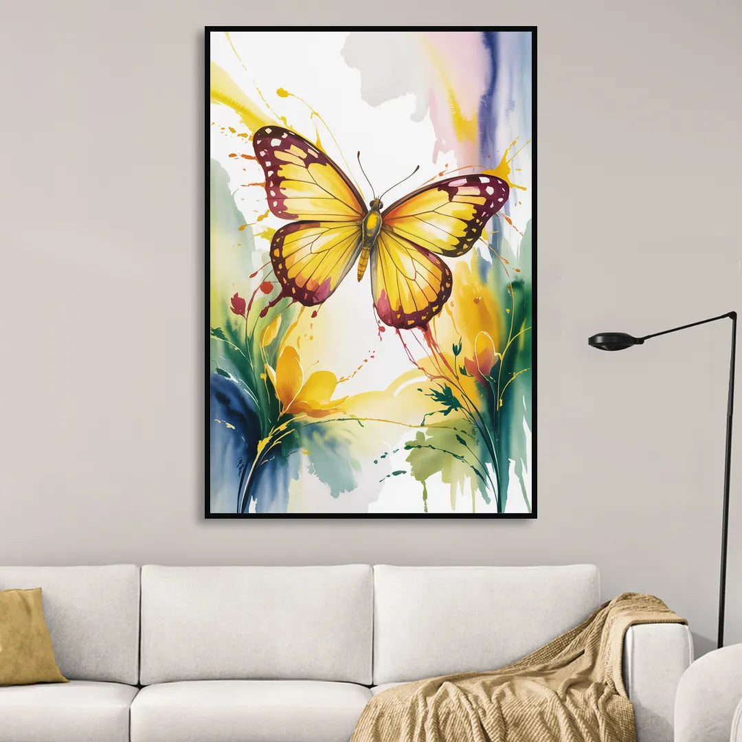Bright Yellow Butterfly Sitting Room - Black Canvas Wall Art