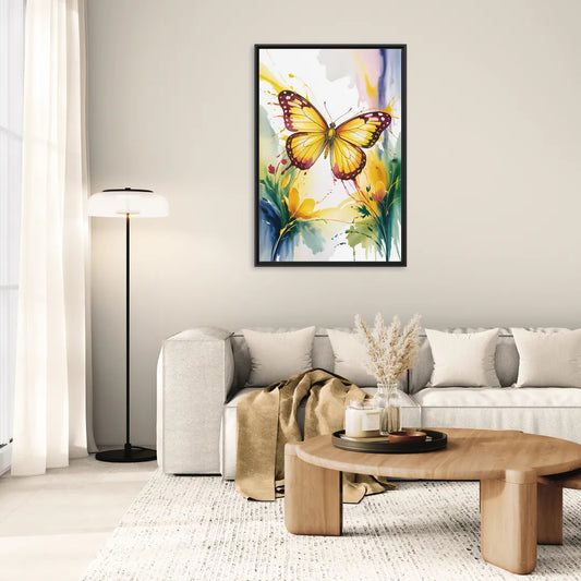 Bright Yellow Butterfly - Living Room Black Frame Canvas