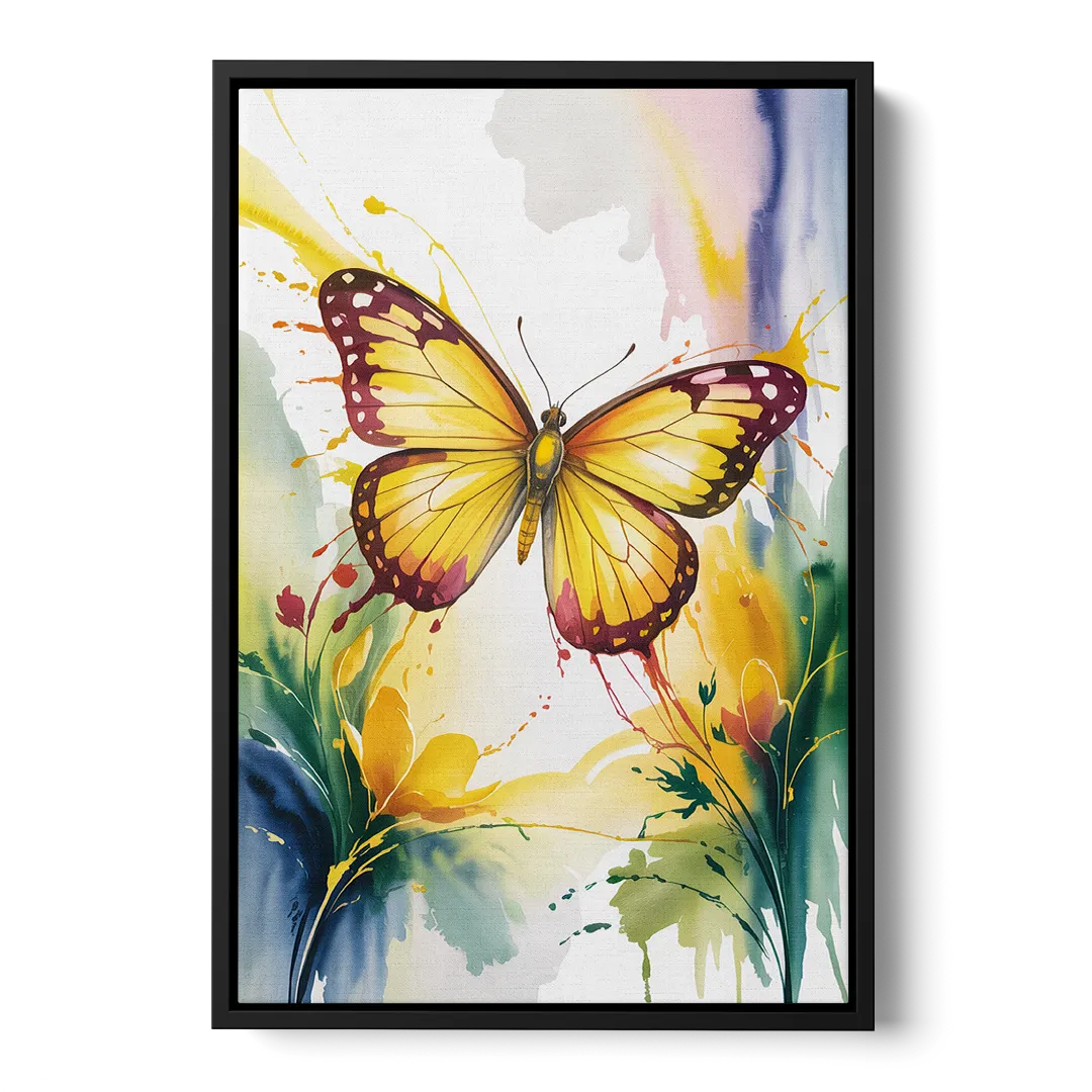 Bright Yellow Butterfly Front - Black Canvas Wall Art