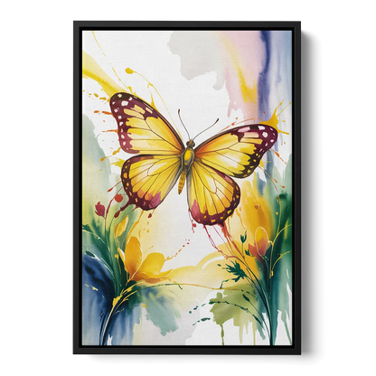 Bright Yellow Butterfly Front - Black Canvas Wall Art