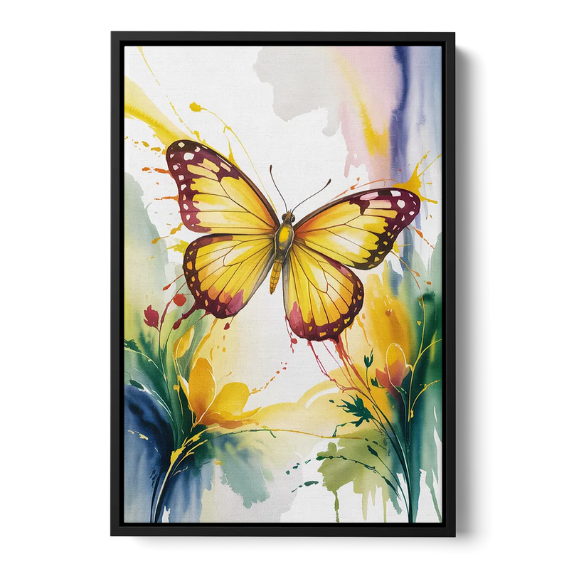 Bright Yellow Butterfly Front - Black Canvas Wall Art