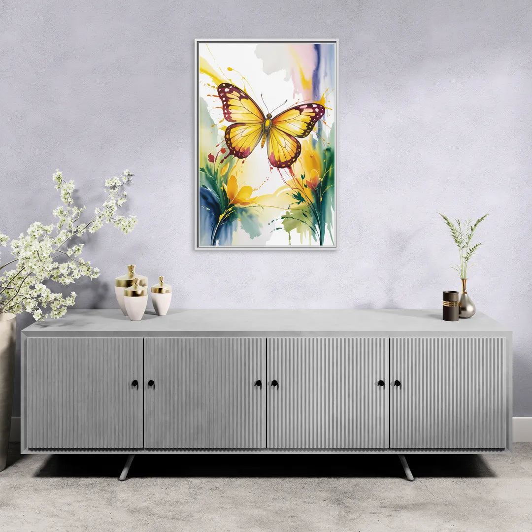 Bright Yellow Butterfly - Living Room White Frame Canvas