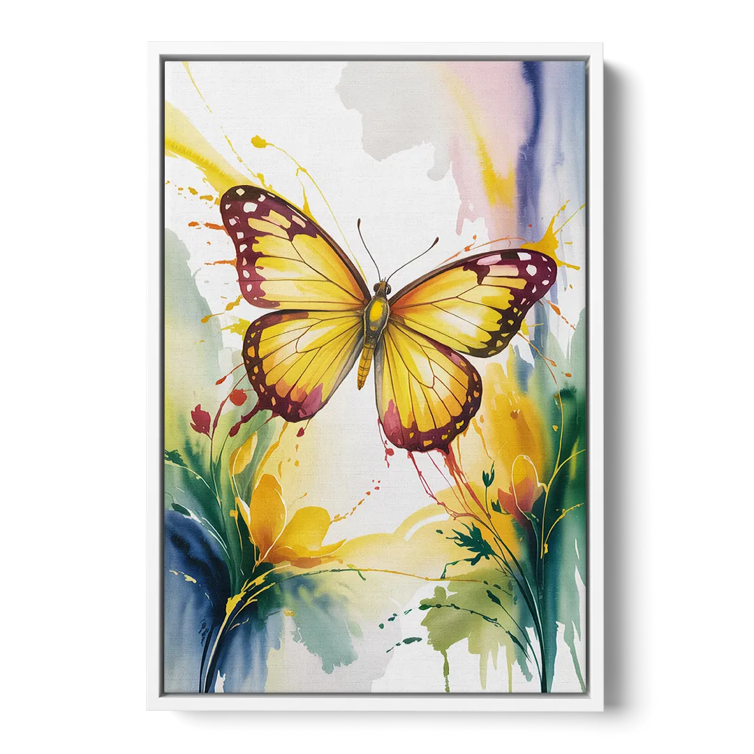 Bright Yellow Butterfly - White Frame Canvas
