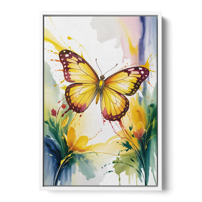 Bright Yellow Butterfly - White Frame Canvas