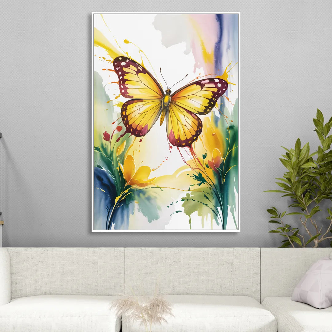 Bright Yellow Butterfly Living Room - White Canvas Wall Art