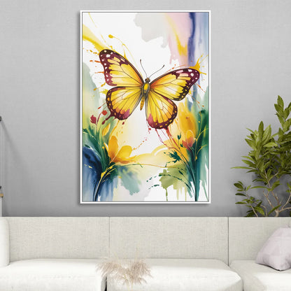 Bright Yellow Butterfly Living Room - White Canvas Wall Art
