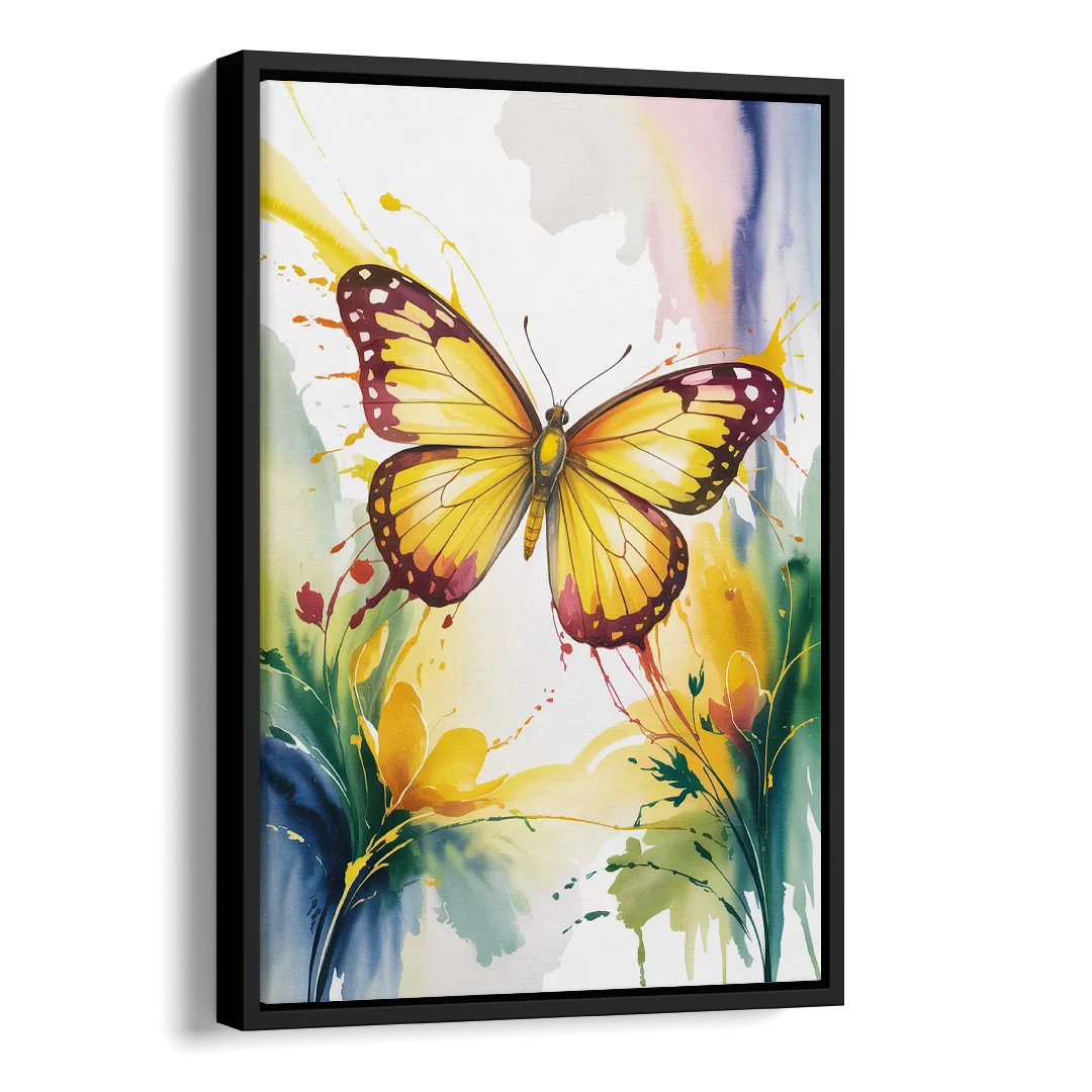 Bright Yellow Butterfly Side - Black Canvas Wall Art