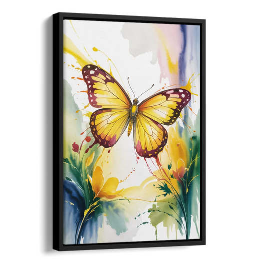 Bright Yellow Butterfly Side - Black Canvas Wall Art