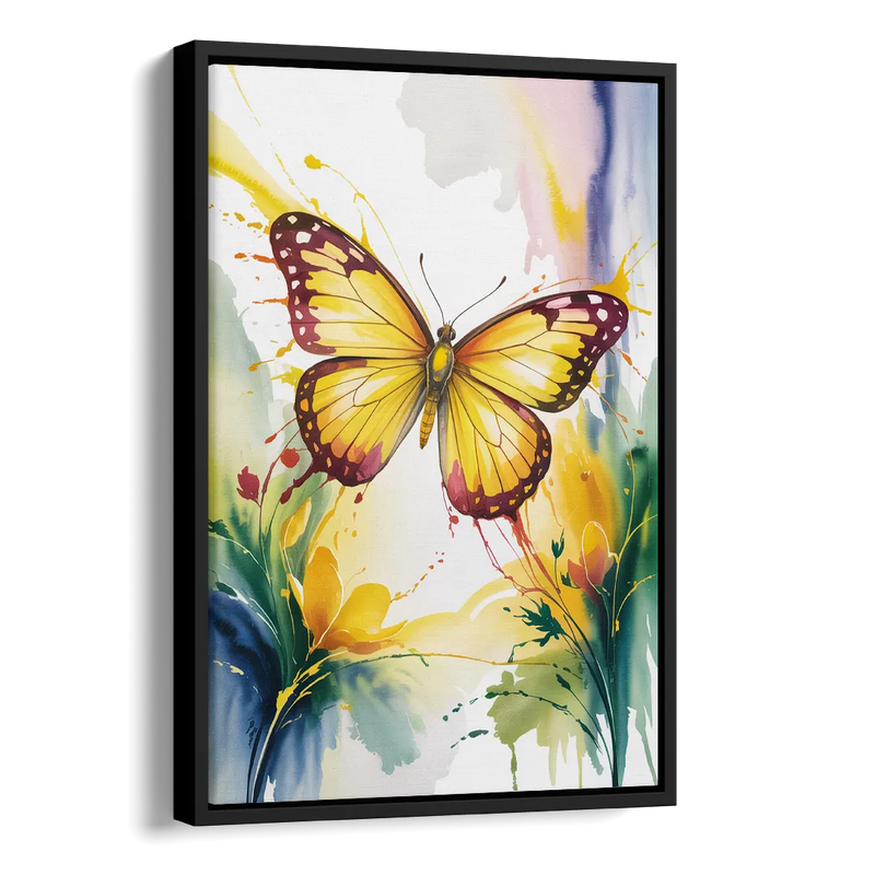 Bright Yellow Butterfly Side - Black Canvas Wall Art
