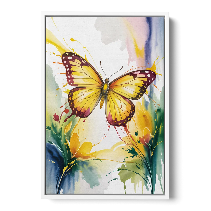 Bright Yellow Butterfly Front - White Canvas Wall Art