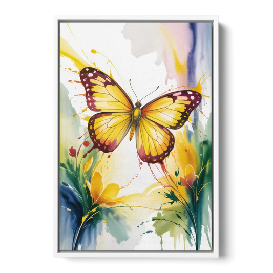 Bright Yellow Butterfly - White Framed Canvas Wall Art - Front