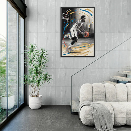 Brooklyn Nets Dynamic Action Scene  Impressionistic Basketball Art - Living Room Black Frame Canvas