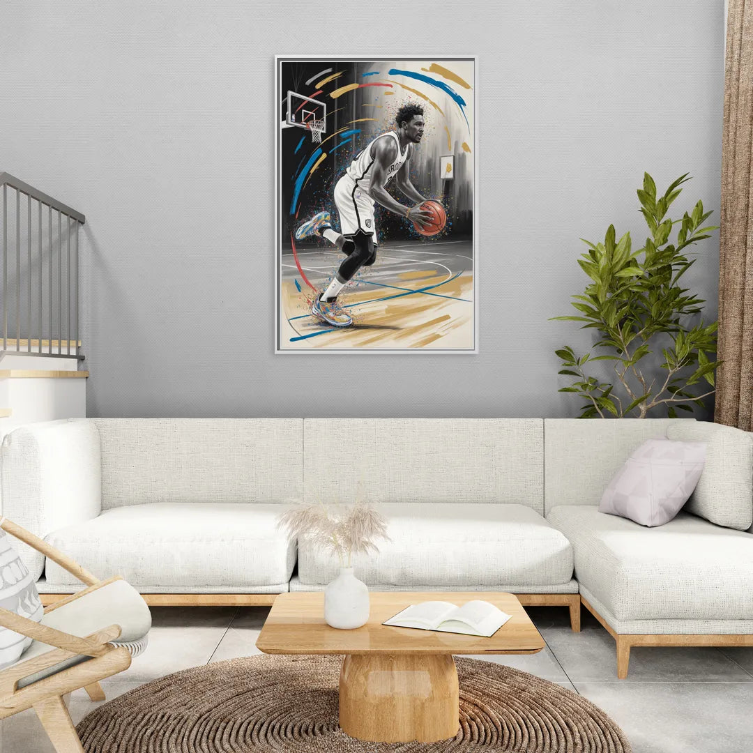 Brooklyn Nets Dynamic Action Scene  Impressionistic Basketball Art - Living Room White Frame Canvas