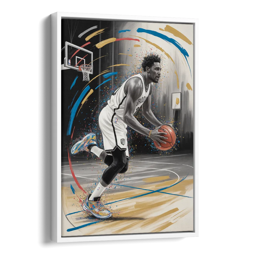 Brooklyn Nets Dynamic Action Scene  Impressionistic Basketball Art Side - White Canvas Wall Art