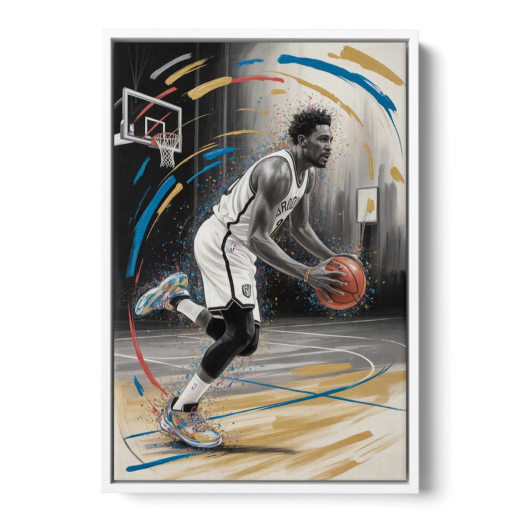 Brooklyn Nets Dynamic Action Scene  Impressionistic Basketball Art - White Frame Canvas