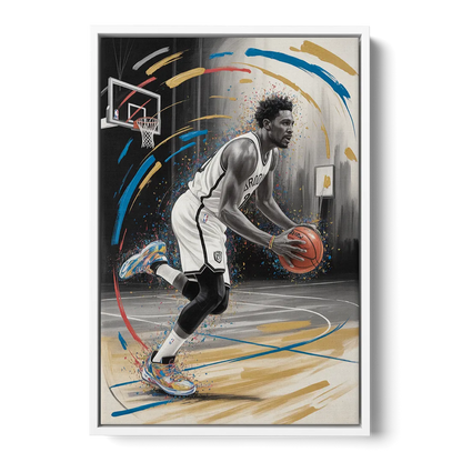Brooklyn Nets Dynamic Action Scene  Impressionistic Basketball Art - White Frame Canvas