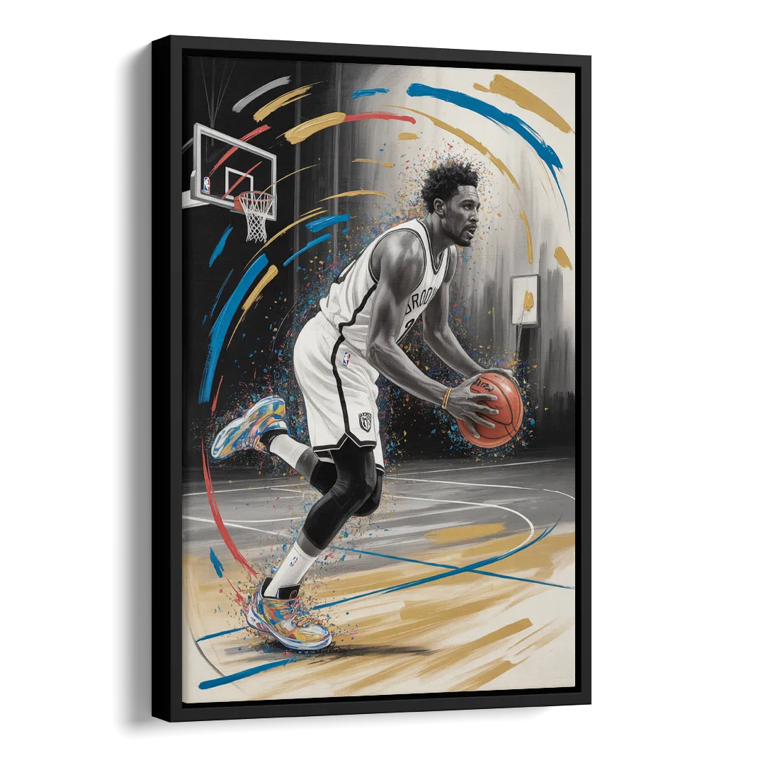 Brooklyn Nets Dynamic Action Scene  Impressionistic Basketball Art Side - Black Canvas Wall Art