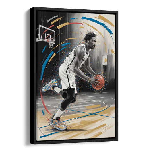 Brooklyn Nets Dynamic Action Scene  Impressionistic Basketball Art Side - Black Canvas Wall Art